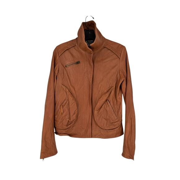Doma Leather Bikercore Jacket Cognac Zippered Pockets Size Small Moto Collared - Picture 2 of 16